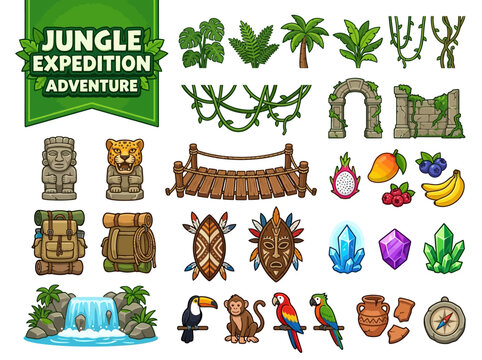 Cartoon Jungle Expedition Adventure Game Assets Set with Tropical Plants, Ancient Ruins, Exotic Animals, and Explorer Items