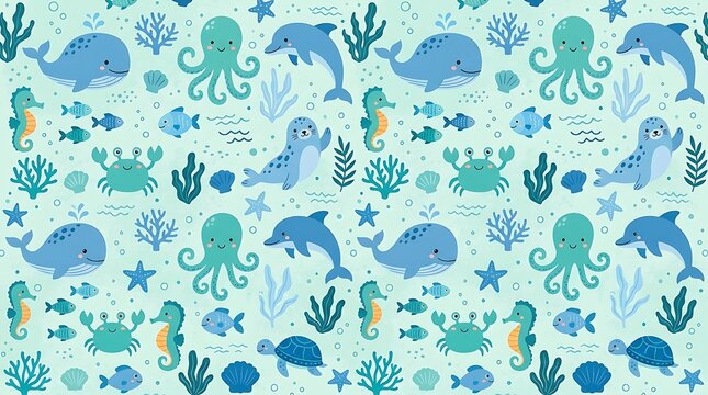 Cute ocean animals seamless pattern with whales and dolphins