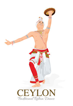 Sri Lankan Traditional Raban dance featuring performers with authentic ceremonial attire and the iconic Raban drum. Inspired by the cultural heritage of Kandy, Sri Lanka, this editable vector artwork 