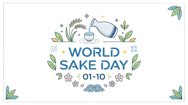 World Sake Day Celebration Logo Design with Traditional Japanese Rice Wine Bottle and Cup Elements