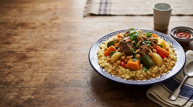 Traditional moroccan lamb couscous with vegetables and chickpeas