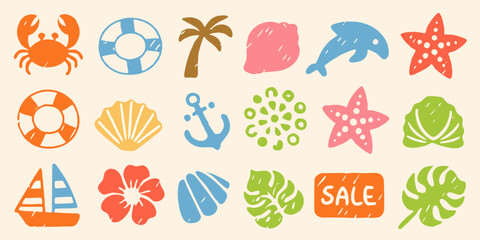 Collection Of Flat Vector Icons Featuring Marine Life And Tropical Elements © Poly