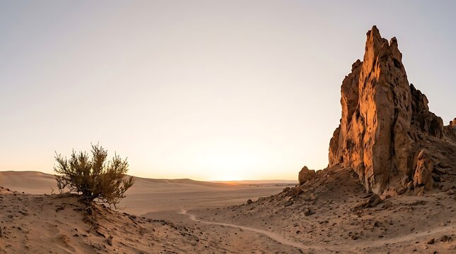 Scenic desert landscape with a rock formation at sunset