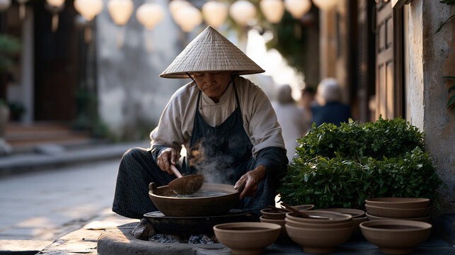 A Vietnamese street cook crouches over a charcoal brazier ladling broth into clay bowls for waiting customers, herbs stacked fresh beside, lanterns strung above the narrow alley,