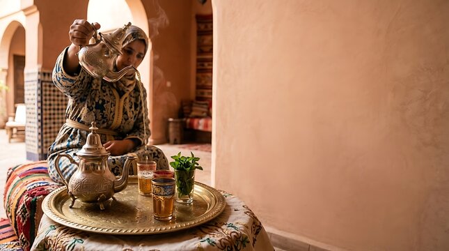 Woman pouring traditional moroccan mint tea in a warm interior