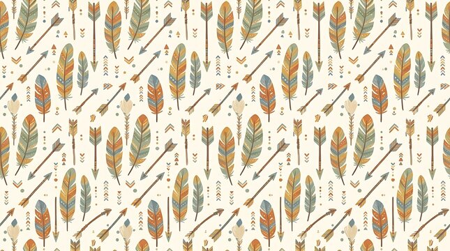Seamless tribal pattern with feathers and arrows in earthy tones