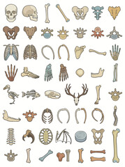 Fototapeta premium Human and animal bones vector illustration icon set. Comprehensive collection of skulls, ribcage, spine, vertebrae, joints, and anatomy elements for science and education.