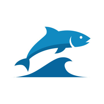 Dynamic blue stylized fish jumping high out of water, splash vector art, action logo icon. Fresh, energetic fish business brand.