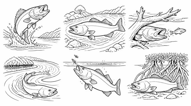 Snook Fish Set, Line Art Illustrations of Fishing and Aquatic Habitats
