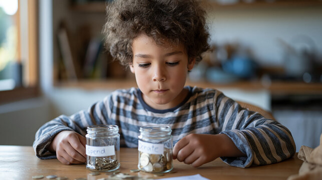 Curly haired boy arranging coins into labeled jars on kitchen table under parent guidance sorting weekly allowance into spend save and donate categories as practical childhood