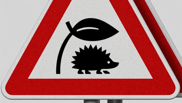 Triangular road sign red white background attached metal pole has black border center there illustration hedge