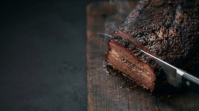 Slicing hot smoked beef brisket on a rustic wooden cutting board