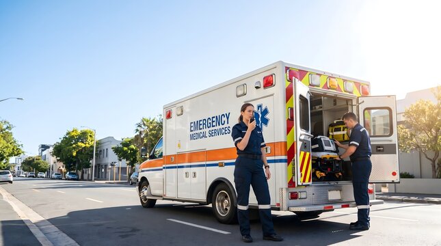 Professional emergency medical technicians in dark blue uniforms working together beside a white ambulance vehicle outdoors