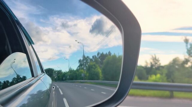 car side mirror reflects highway road and sky during driving. rearview mirror shows passing scenery with trees and clouds. driving perspective captures movement and travel experience