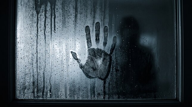 Smudged handprint on steamed window glass with mysterious dark silhouette for suspense book cover