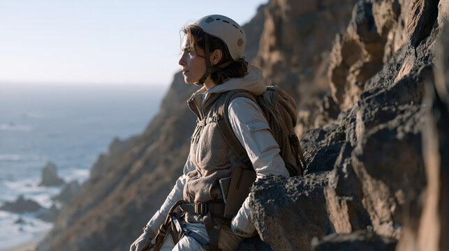 Geologist rappelling down a basalt cliff face to collect core samples, field notebook tucked into a vest pocket, rugged coastal landscape, earth sciences career, mineral survey,