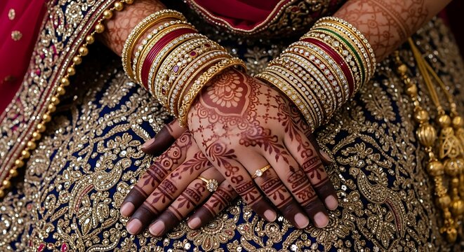 A woman's hands adorned with intricate henna designs, gold and red bangles, and a gold ring on her finger, set against ornate blue and gold fabric