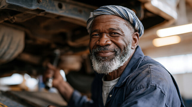 Automotive mechanic lying beneath a lifted vintage car on a hydraulic ramp, using a torque wrench on the undercarriage in a greasy workshop lit by strip fluorescents, trade