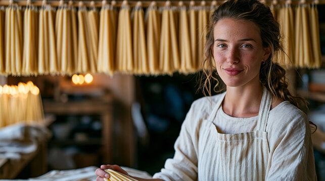 A young woman hand-dips beeswax taper candles in a small workshop, rows of finished pairs hanging from a dowel rack above, warm ambient light catching the smooth pale finish,