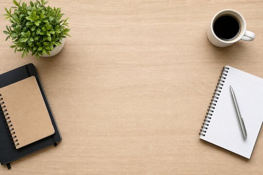 overhead. A minimal office desk arrangement with a coffee mug and plant from a top view, featuring clean copy space. lifestyle magazines.