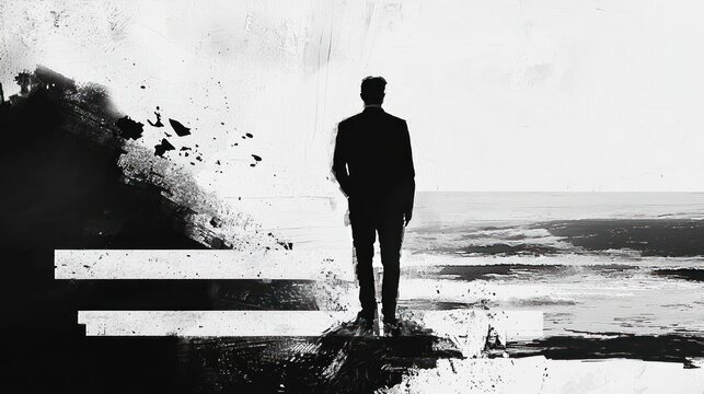 Silhouette of a man standing on a beach, facing the ocean, with a grunge effect.