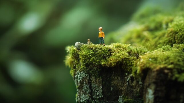 Miniature figures on mossy cliff, nature scene.