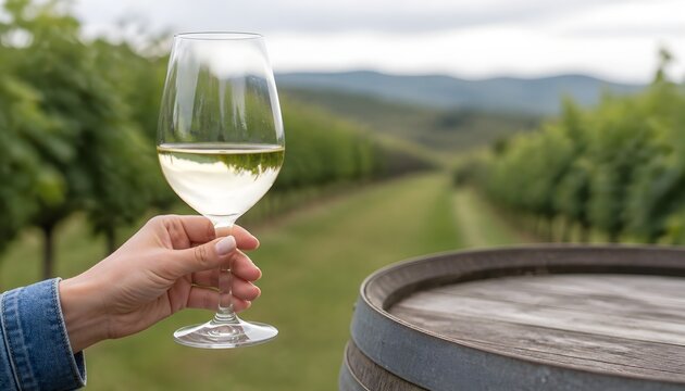 Hand Holding White Wine Glass at Vineyard with Barrels