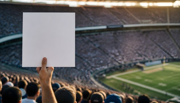 Hand Holding Blank Poster Board Above a Packed Football Stadium Crowd During a Sporty Afternoon