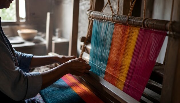 Artisan Weaver Working on a Traditional Wooden Loom with Vibrant Multicolored Cotton Threads