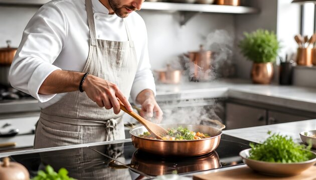 Professional Chef Cooking Fresh Organic Ingredients in a Modern Kitchen Environment Setup