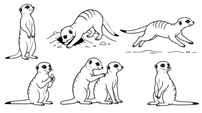 Set of Meerkat Poses in Line Art Style, Wildlife Illustration