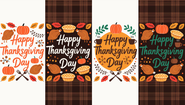 Happy Thanksgiving Day Vertical Banner and Card Template with Pumpkin and Turkey