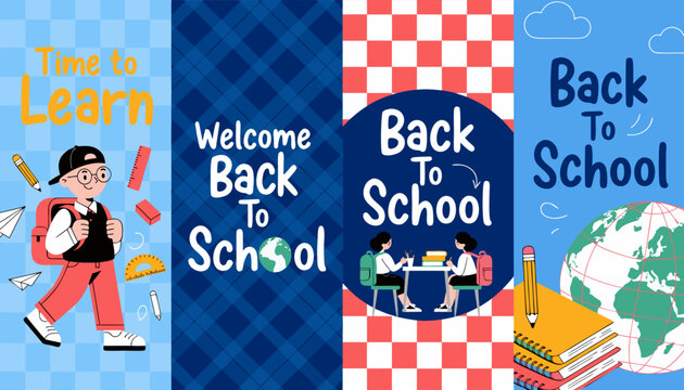 Welcome Back to School Vertical Web Banner Set with Cute Students and Education Elements