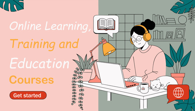 Online learning and education courses banner illustration with young woman studying on laptop at home