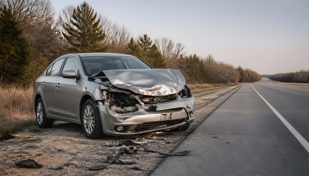 Damaged Silver Sedan After a Serious Roadside Collision Accident