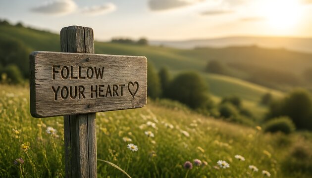 Follow Your Heart Wooden Sign Amidst Rolling Hills and Wildflowers at Sunrise