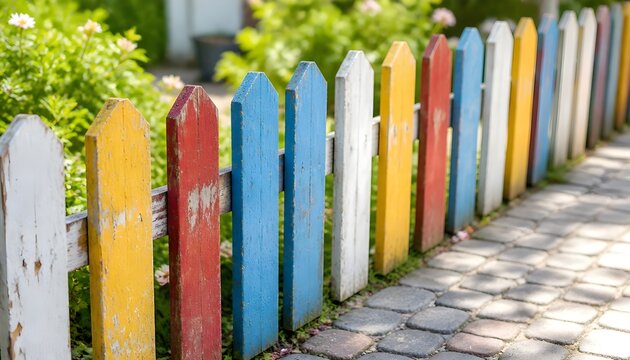 Colorful Wooden Picket Fence with Lush Greenery in the Background