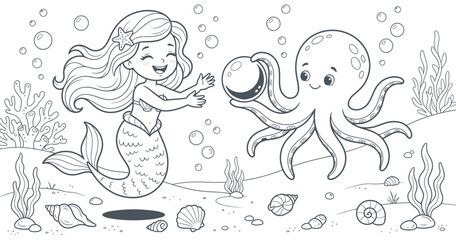 Abstract Mermaid and Octopus Underwater Friendship: A whimsical illustration depicts a happy mermaid and a cute octopus sharing a precious pearl in their vibrant underwater world. © Kaosar