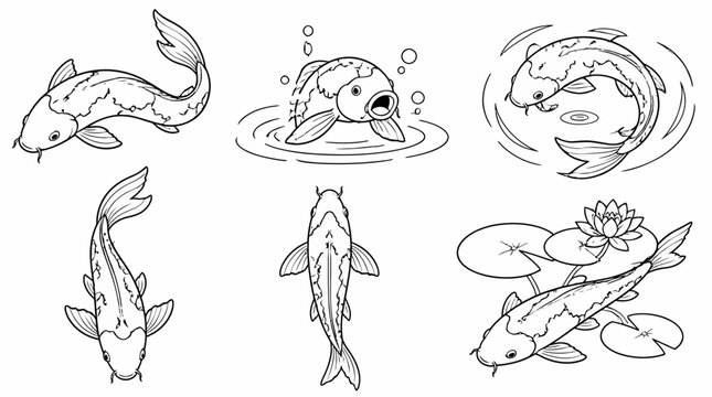 Koi Fish Set in Line Art Style, Decorative Hand Drawn Illustrations