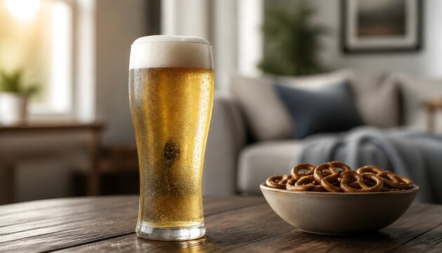 Refreshing Golden Beer Served with Crunchy Salted Pretzels in a Cozy Relaxing Living Room Setting