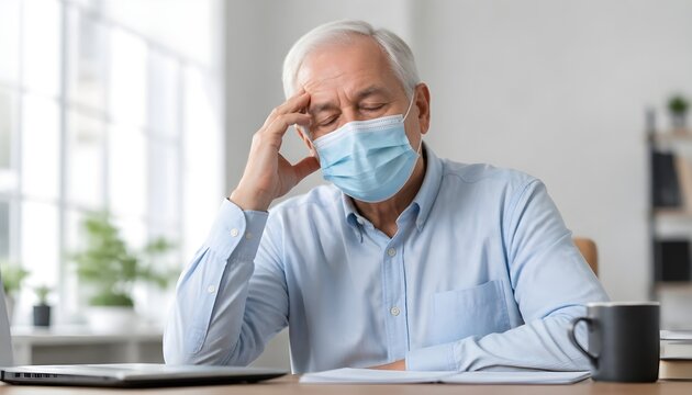 Senior Man Wearing Face Mask Feeling Tired and Stressed at His Desk