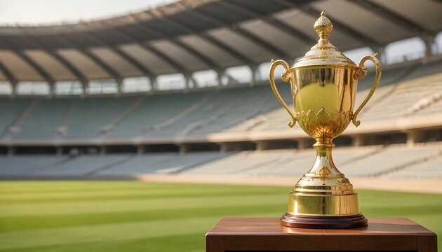 Golden Championship Trophy Standing Proudly on a Podium at a Large Empty Outdoor Sports Stadium