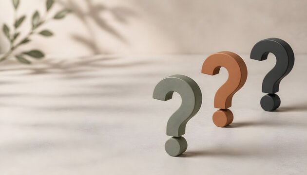 Three Colorful Question Marks Standing in a Row on a Table with Soft Decorative Plant Shadows
