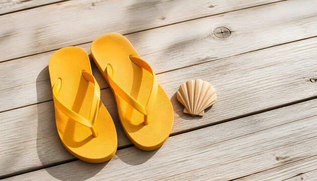 Yellow Flip Flops and a Seashell Resting on a Weathered Wooden Dock During Summer Vacation