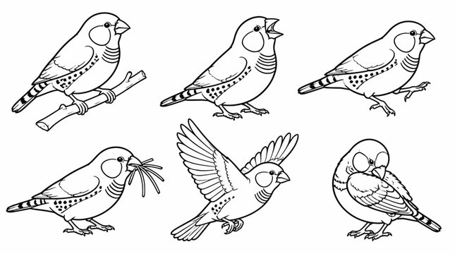 Set of Zebra Finch Birds in Various Poses, Outline Illustration
