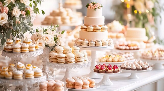 Elegant Wedding Dessert Table with Macarons and Petit Fours