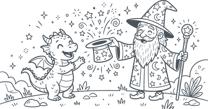 Abstract Wizard's Magical Surprise: A friendly wizard with a pointy hat and starry robe conjures a dazzling magic show for a cheerful baby dragon.