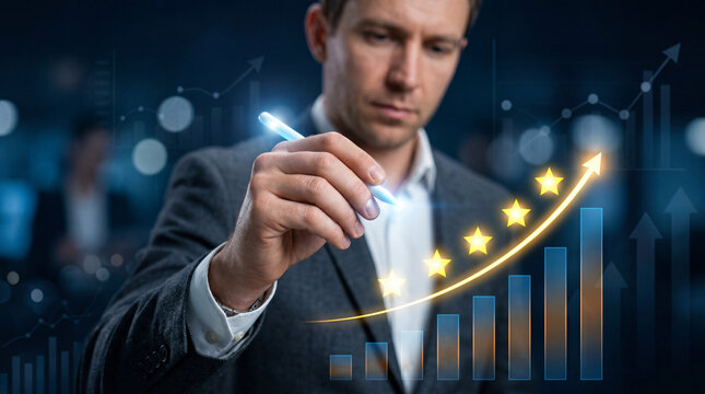 Business professional using digital pen to illustrate data trends on screen in office setting