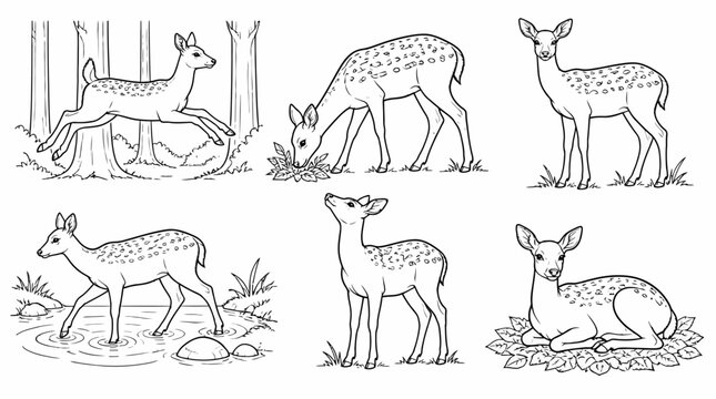 Set of cute baby deer in various poses, hand-drawn vector illustration