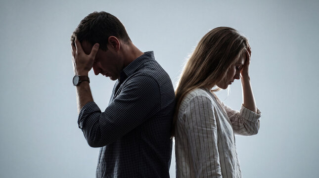 Couple stands back to back with hands on their heads in a moment of tension during a disagreement in a neutral space